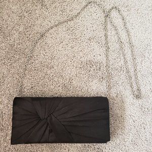 Charming Charlie Black Satin Ruched Knot Clutch Evening Bag with Shoulder Chain